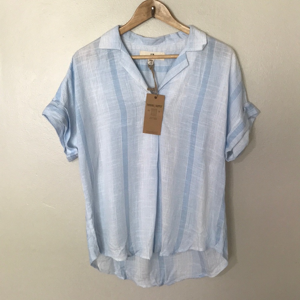 Light Blue Striped Women’s Short Sleeve Shirt - Unbranded